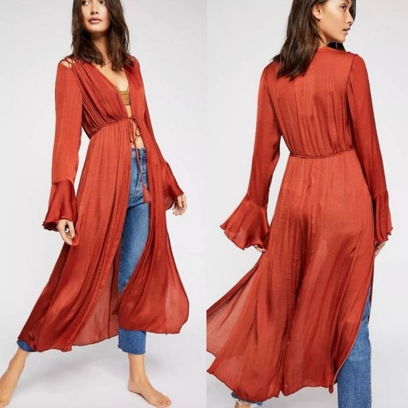 NWOT Free People Intimately You Wish Satin Robe Tie Front Bell Sleeves